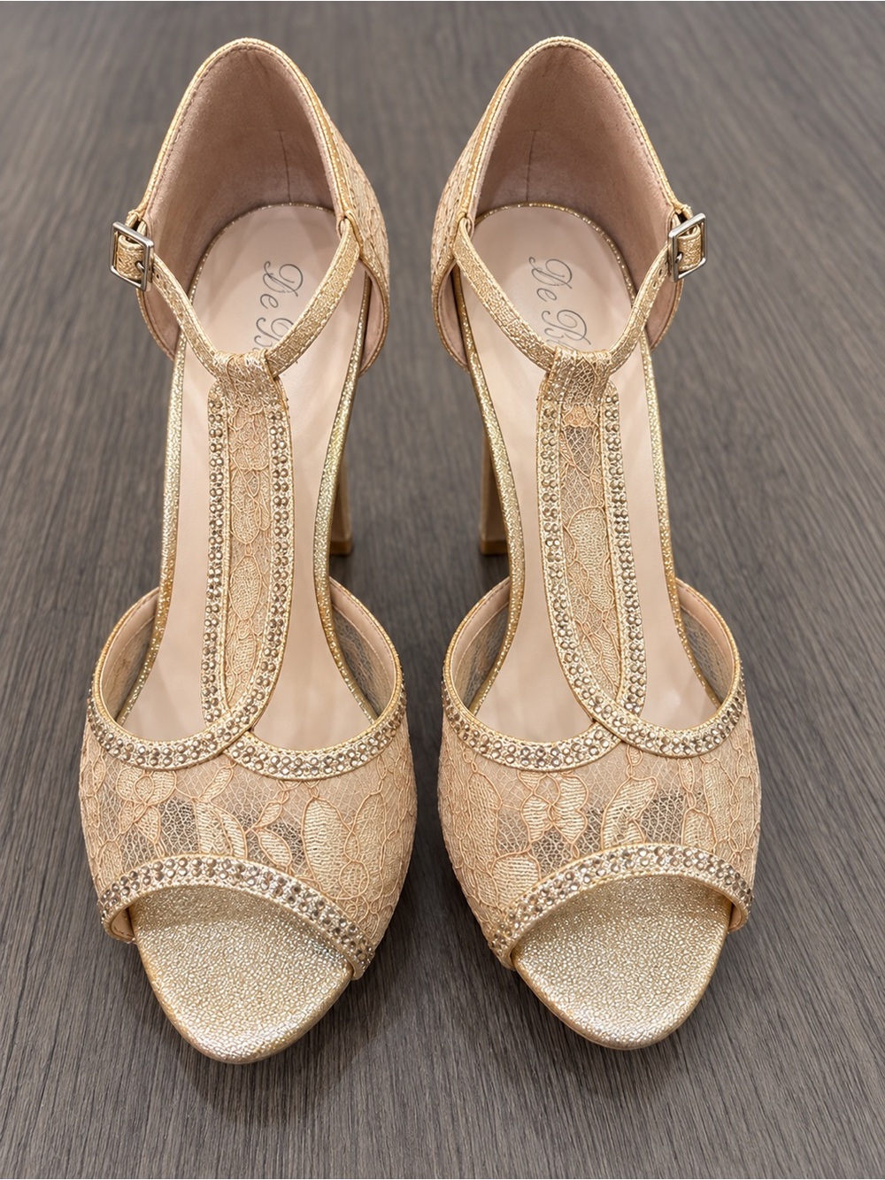 Gold Champagne Lace Rhinestone T-Strap Heels